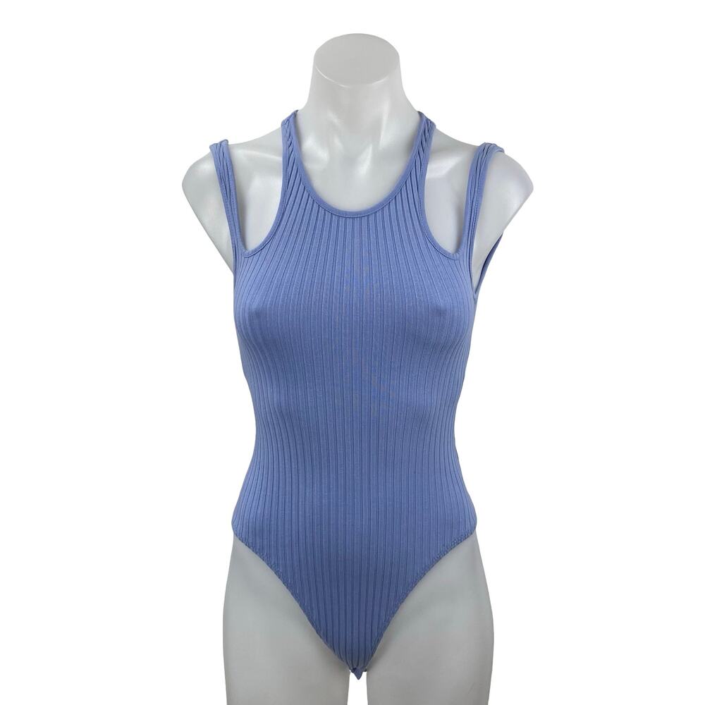 Zara Women's Blue Ribbed Cut Out High Neck Sleeveless Cami Tank Bodysuit Top S